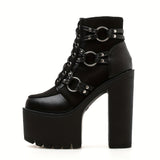 [High Heel Goth Motorcycle Boots] Women's Goth Motorcycle High Heel Boots, Block Heels Lace Up And Zipper Round Toe Platform Ankle Boots, Y2K Style Boots
