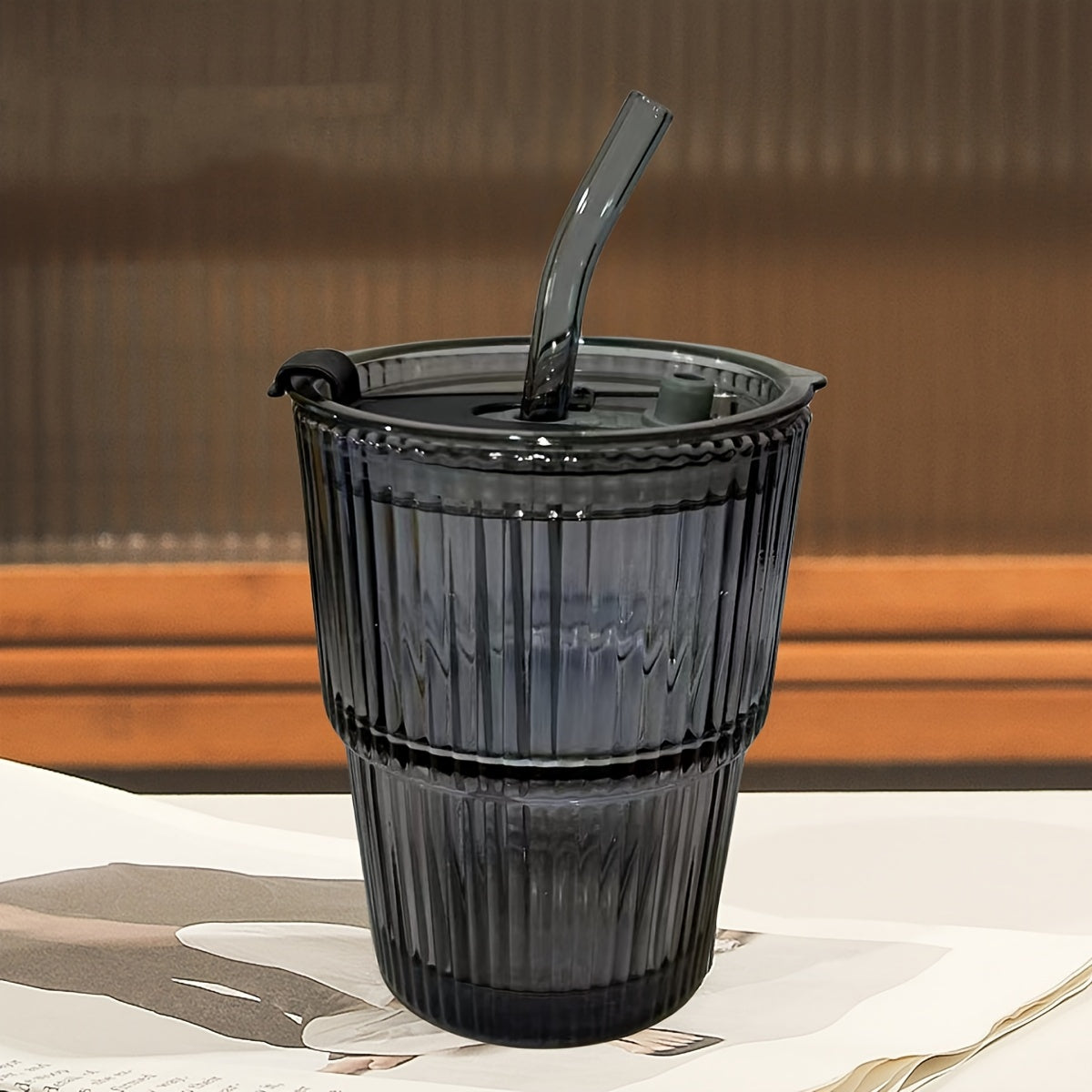1pc Ribbed Glass Tumbler With Lid And Straw, Origami Style Drinking Glass, Iced Coffee Cups, Summer Winter Drinkware, Travel Accessories