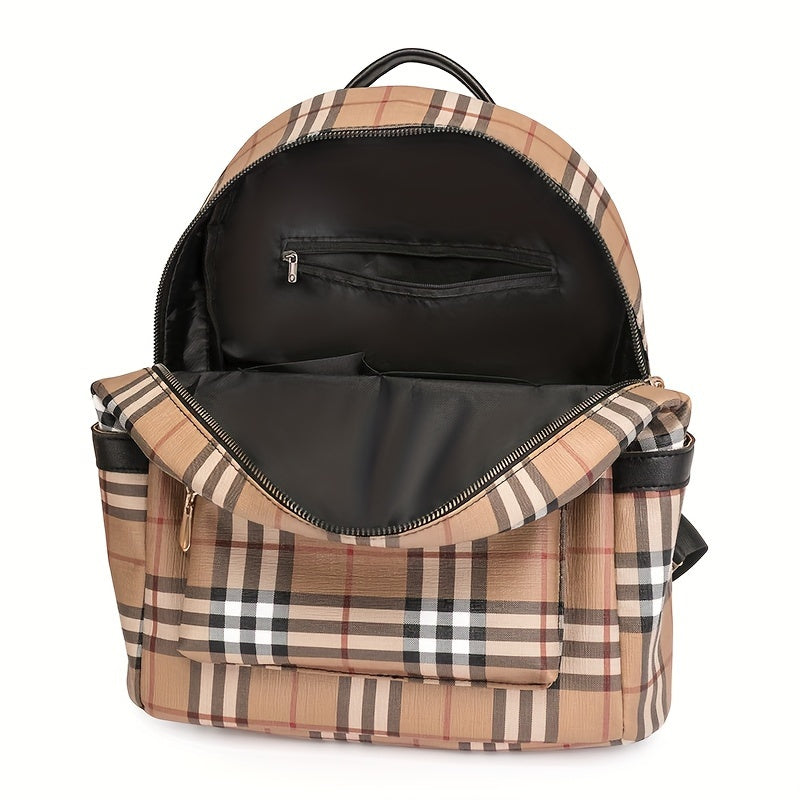 Vintage Plaid PU Material Women's Backpack With Adjustable Straps And Zipper Closure, Casual Style Large Capacity Travel School Bag