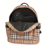 Vintage Plaid PU Material Women's Backpack With Adjustable Straps And Zipper Closure, Casual Style Large Capacity Travel School Bag