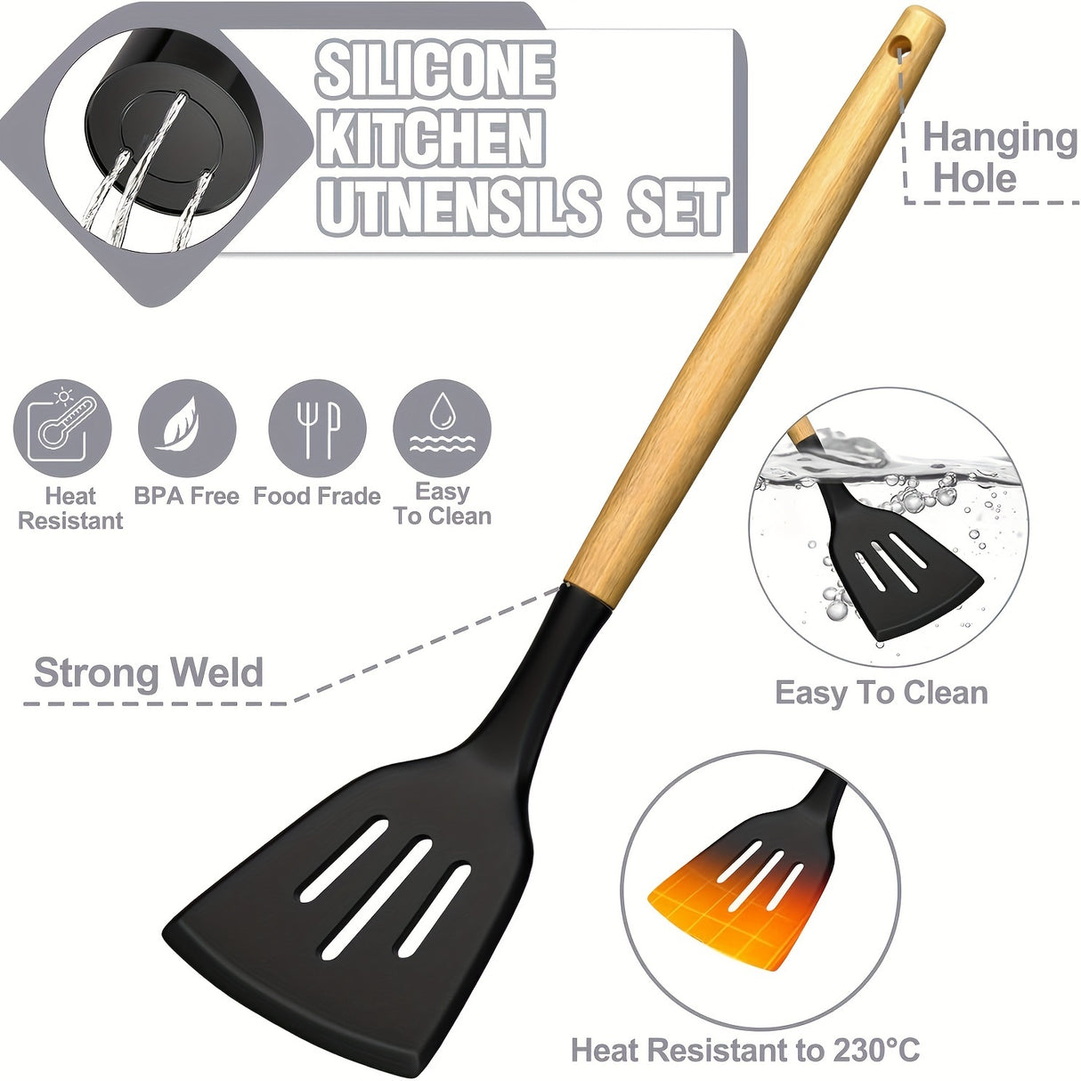 44pcs Non-Stick Silicone Kitchen Utensil Set with Wooden Handles, Includes Stainless Steel Grater & Bottle Opener
