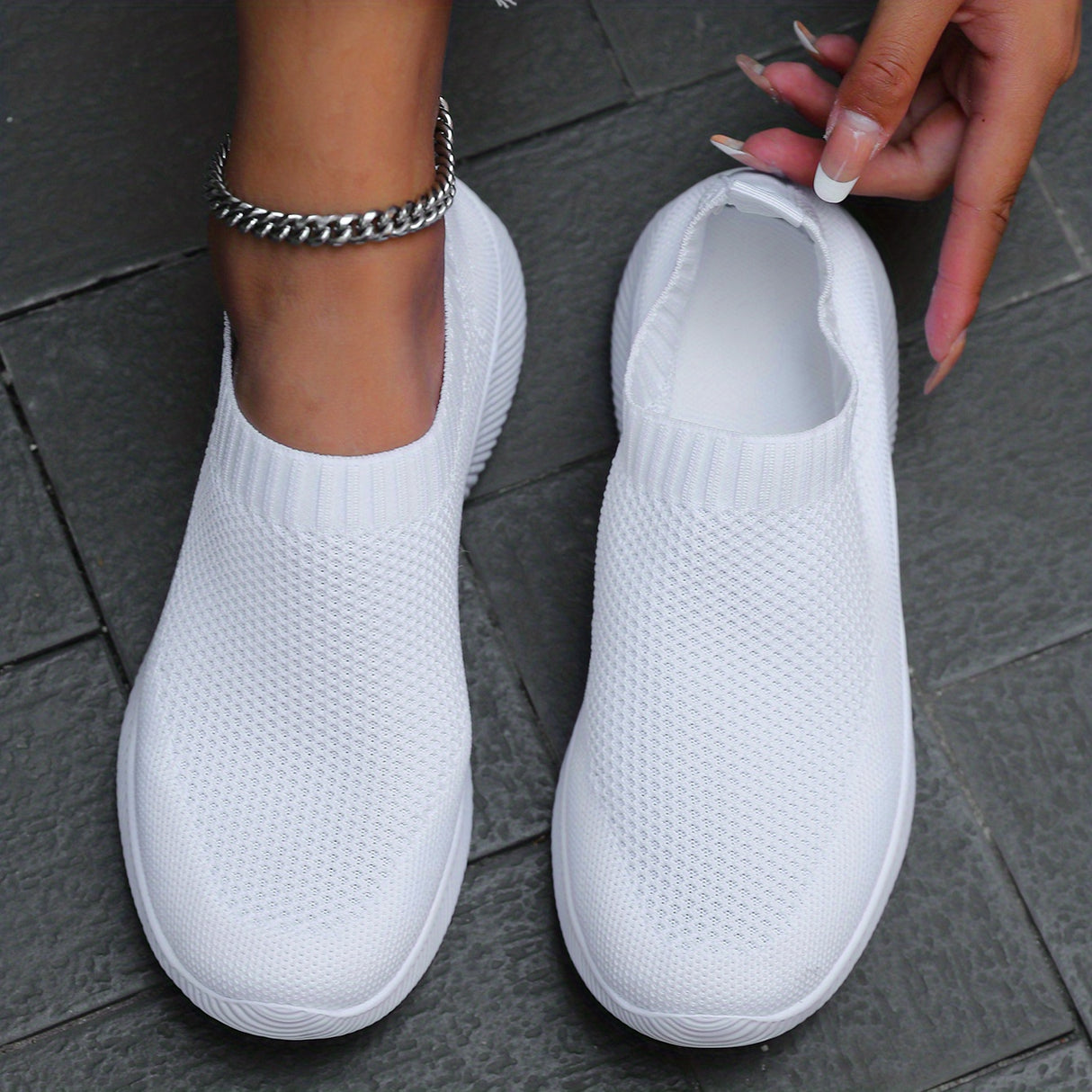 Women's Solid Color Flying Woven Sneakers, Casual & Breathable Slip On Outdoor Shoes, Lightweight Low Top Running Shoes plus size