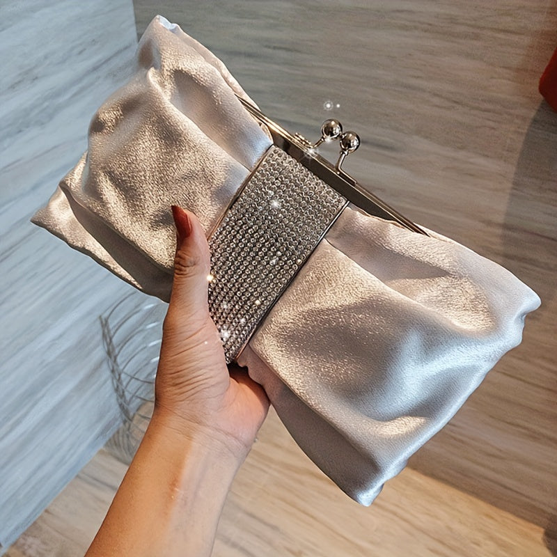 Rhinestone Decor Fashion Clutch Bag, Kiss-Lock Metal Chain Portable Handbag, Women's Purses & Evening Bags