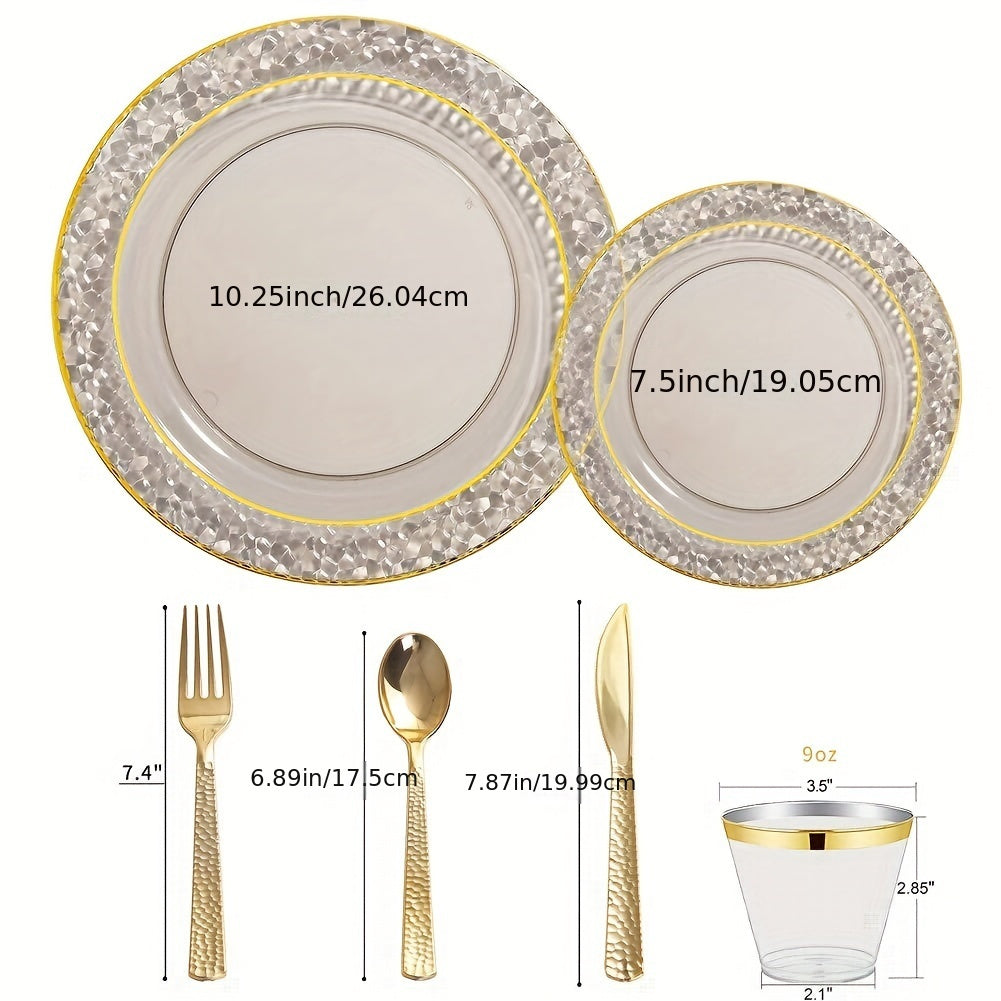 150PCS Clear Black Plastic Plates - Gold Plastic Plates with Gold Plastic Silverware Include: 25Dinner Plates, 25Dessert Plates, 25Cups, 25Forks, 25Knives, 25Spoons for Wedding Party