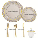 150PCS Clear Black Plastic Plates - Gold Plastic Plates with Gold Plastic Silverware Include: 25Dinner Plates, 25Dessert Plates, 25Cups, 25Forks, 25Knives, 25Spoons for Wedding Party