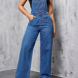 Womens Overalls Denim Straight Plain Washed Blue Jeans Overall Loose Fit Jean Jumpsuits Adjustable Straps