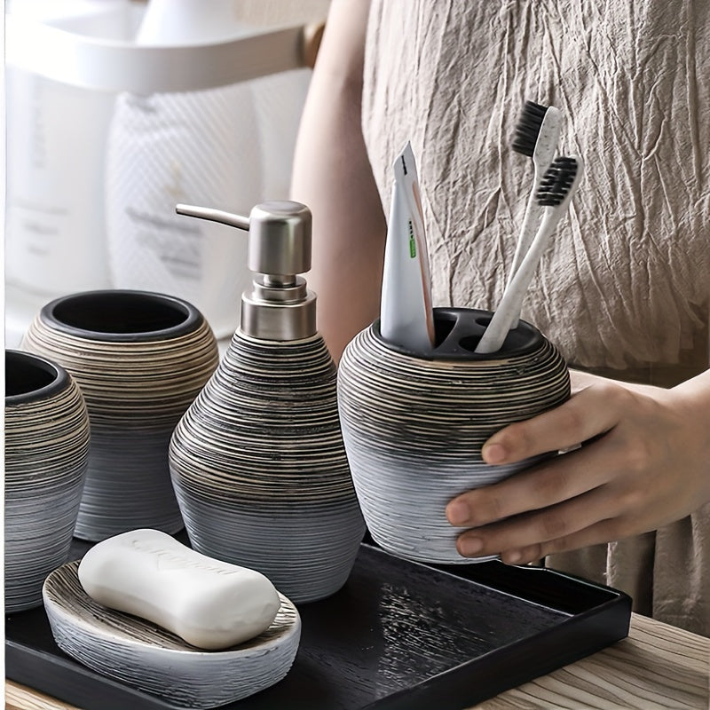 5pcs Ceramic Bathroom Set: Includes Lotion Dispenser, Toothbrush Holder, Soap Dish & More - Elegant Home Decor, Toothbrush Cup