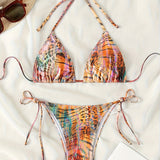 Sexy Hot Stamping Split Style Bikini Swimsuit for Women - Stylish Beachwear with Stamp Print, High-Waisted Design, and Flattering Cut - Perfect for Summer Vacation, Pool Party, or Beach Getaway