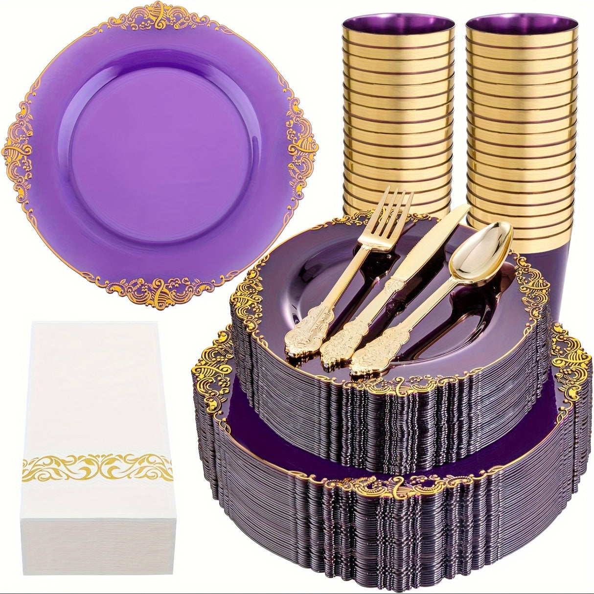350PCS Pink and Golden Plastic Plates - Pink Plastic Dinnerware Sets for 50 Guests - 100 Pink Disposable Plates, 150 Golden Plastic Silverware, 50 Cups, 50 Napkins for Wedding & Mother's Day