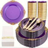 350PCS Pink and Golden Plastic Plates - Pink Plastic Dinnerware Sets for 50 Guests - 100 Pink Disposable Plates, 150 Golden Plastic Silverware, 50 Cups, 50 Napkins for Wedding & Mother's Day