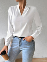 Chic Solid V-Neck Pleated Blouse - Stylish Workwear for Women - Fashionable Long Sleeve, Professional & Elegant - A Must-Have Office Wardrobe Staple