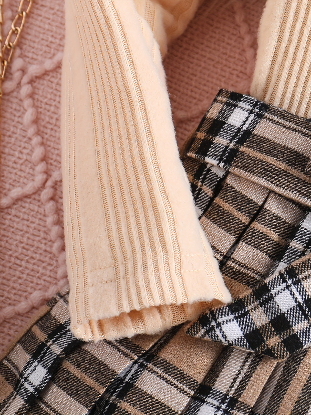 Girls 2pcs Ruffle Trim Long Sleeve Top + Plaid Skirt With Bow Belt Kids Clothes Spring Fall Gift