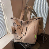 Simple Cartoon Bear Canvas Shoulder Bag, Versatile All-Match Tote Bag With Mini Coin Purse