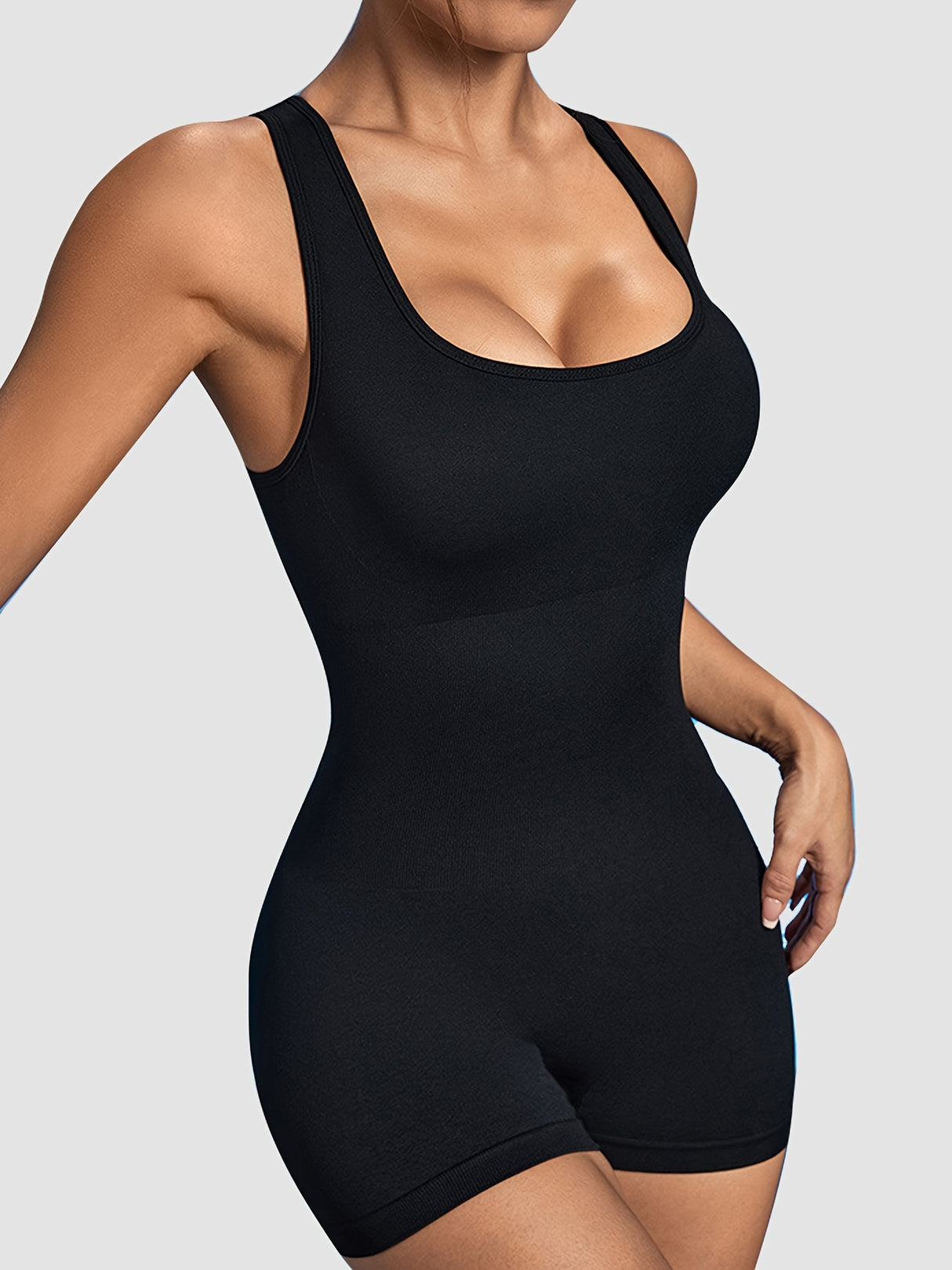 Women's Workout Rompers, High Stretchy Seamless Beauty Open Back Ribbed Tummy Control Bodysuits, Square Neck Solid Color Gym Sports Yoga Tank Short Jumpsuits Playsuits