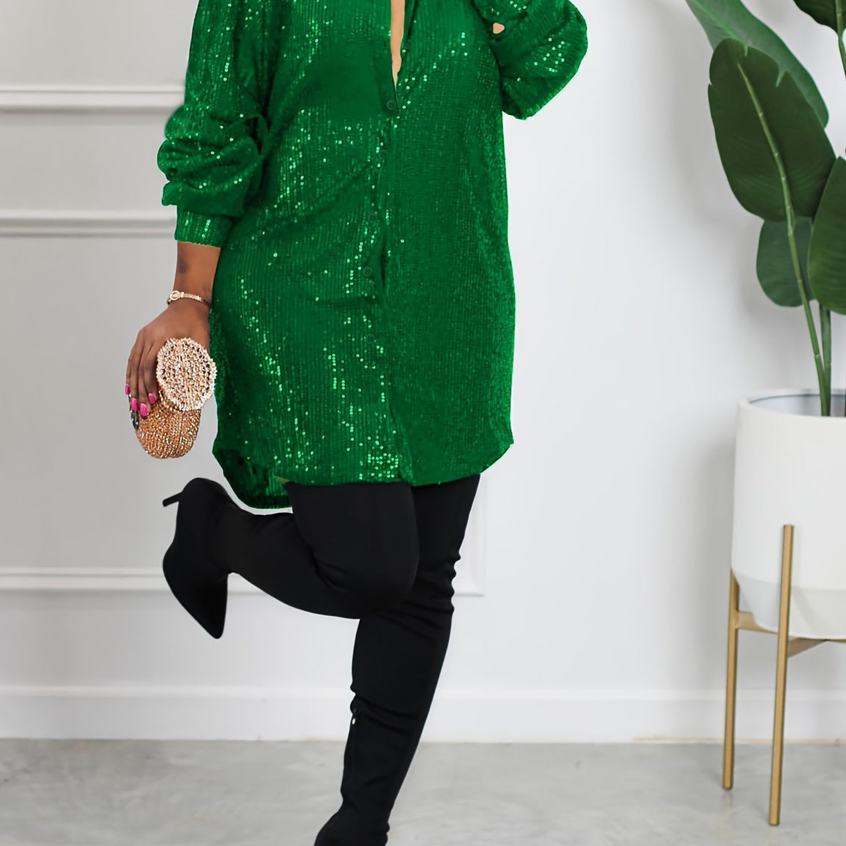 Plus Size Glamour - Sequined, Long Sleeve, Turn Down Collar, Button Up Shirt Dress for Women - Perfect for Party, Evening, and Formal Occasions