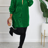 Plus Size Glamour - Sequined, Long Sleeve, Turn Down Collar, Button Up Shirt Dress for Women - Perfect for Party, Evening, and Formal Occasions
