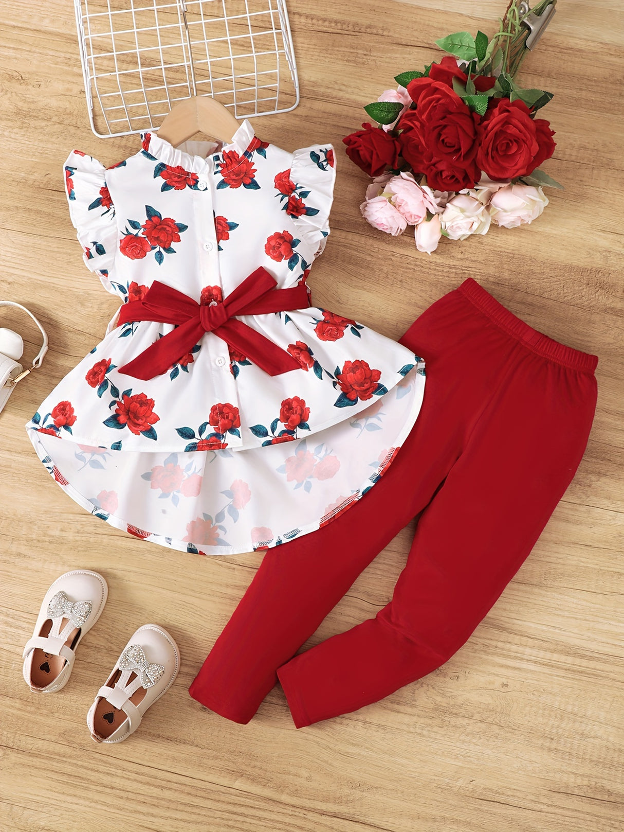 Little Girls Polka Dot 2pcs Ruffle Sleeveless Peplum Blouse Top & Legging Pants Set