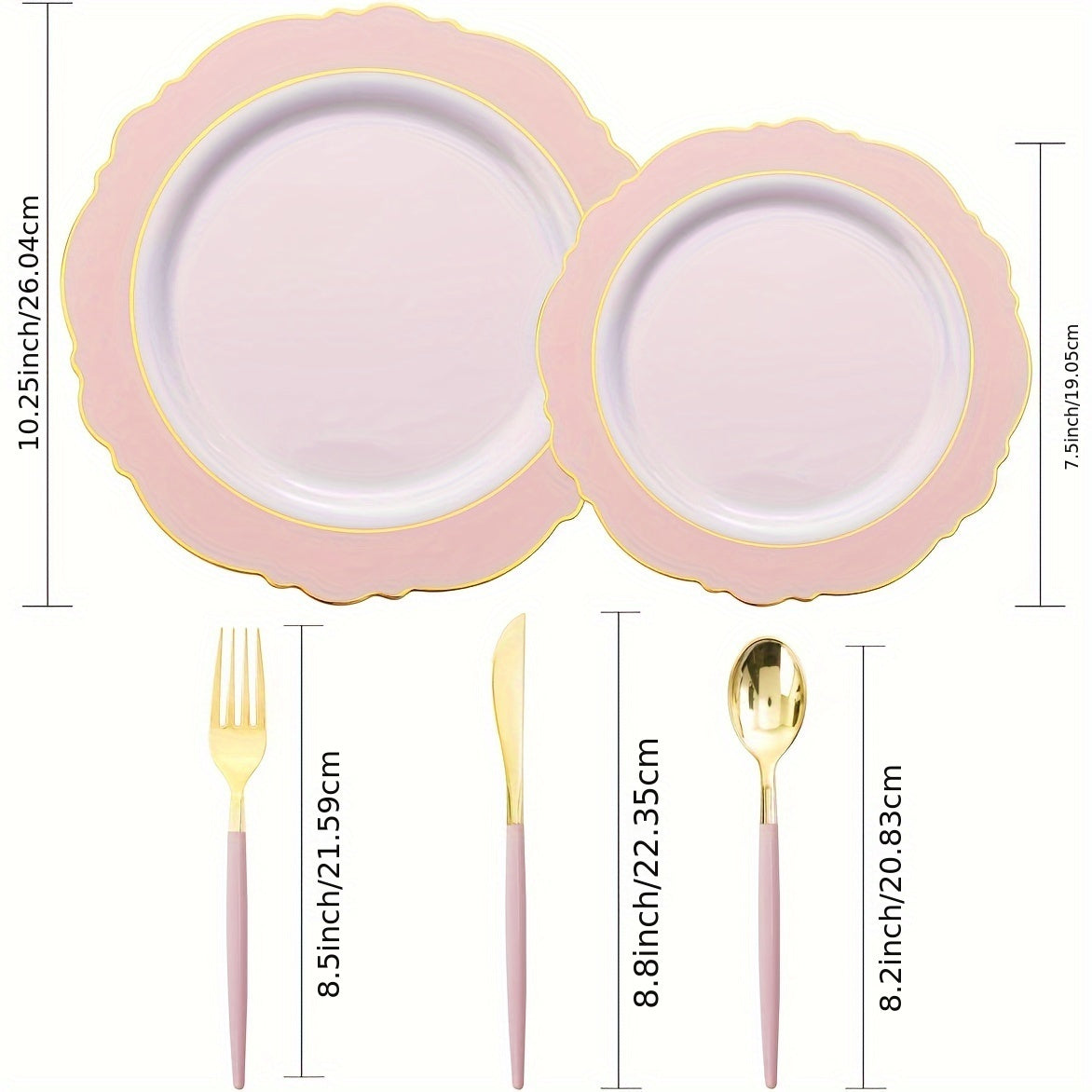 [30 Guests Pink Plastic Dinnerware] WDF 30 Guests Pink Plastic Plates & Golden Plastic Silverware With Pink Handle-Baroque Pink &Golden Plastic Dinnerware For Upscale Wedding &Parties