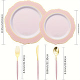[30 Guests Pink Plastic Dinnerware] WDF 30 Guests Pink Plastic Plates & Golden Plastic Silverware With Pink Handle-Baroque Pink &Golden Plastic Dinnerware For Upscale Wedding &Parties