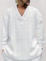 Cotton Blend Loose All Match Knitted Cable Sweater, Men's Casual Warm Slightly Stretch V Neck Pullover Sweater For Men Fall Winter, Old Money Style