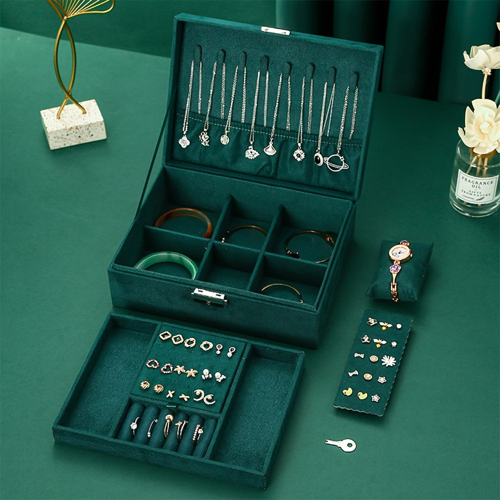 Vintage Glamour Jewelry Organizer Box - Spacious Dual-Level Storage with Lock, Safeguard Your Necklaces, Watches & Earrings in Style