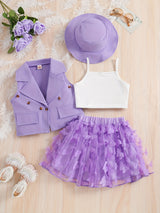 4-Piece Girl's Vest, Camisole, Hat, and Elastic Waist Skirt Set - Butterfly Mesh Decor, Cute Trendy Outfits for Summer, Breathable, Comfortable, and Adorable Kids Clothes for Little Princesses