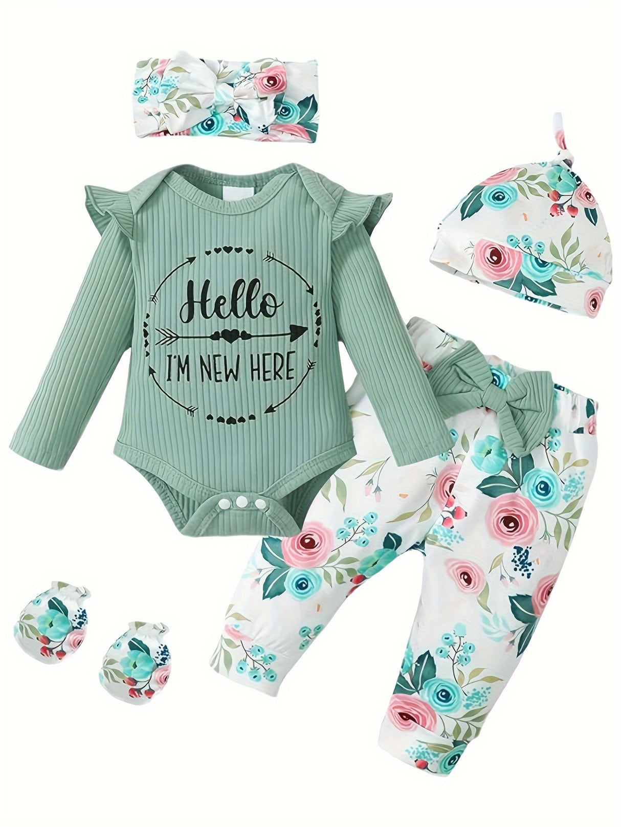 Newborn Baby Girl Clothes Hello I'm New Here Letter Romper+Floral Pants+Hat+Headband+Gloves Coming Home Outfits