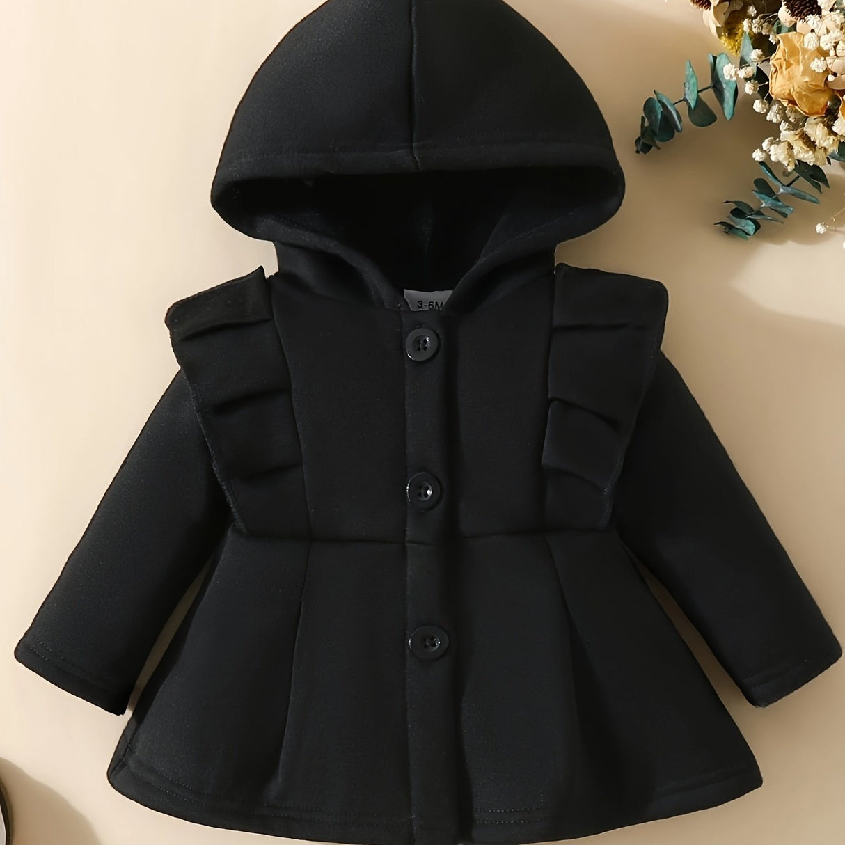 Baby Girl Ruffled Long Sleeve Fleece Hooded Single Breasted Coat, Kids Clothes Autumn And Winter (Recommended To Buy One Size Larger)