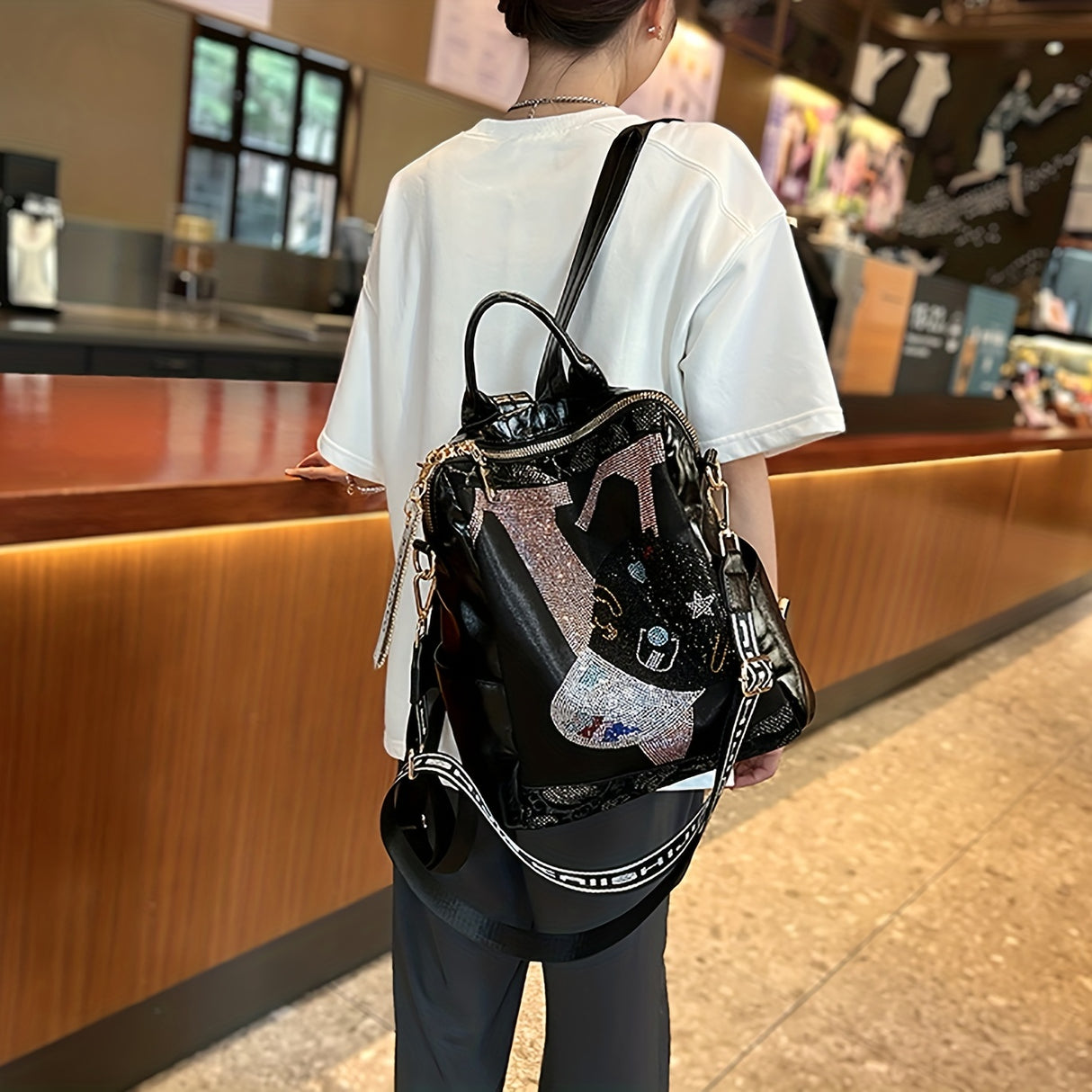 Rhinestone Glitter Large Capacity PU Leather Backpack for Women, Fashion Travel School Bag with Textured Design
