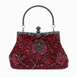 Vintage Floral Embroidered Clutch Handbag, Removable Strap, Buckle Closure, Polyester Lining, Dark Green Champagne Silvery Grey Burgundy Black Grey Golden Blue for Wedding Party