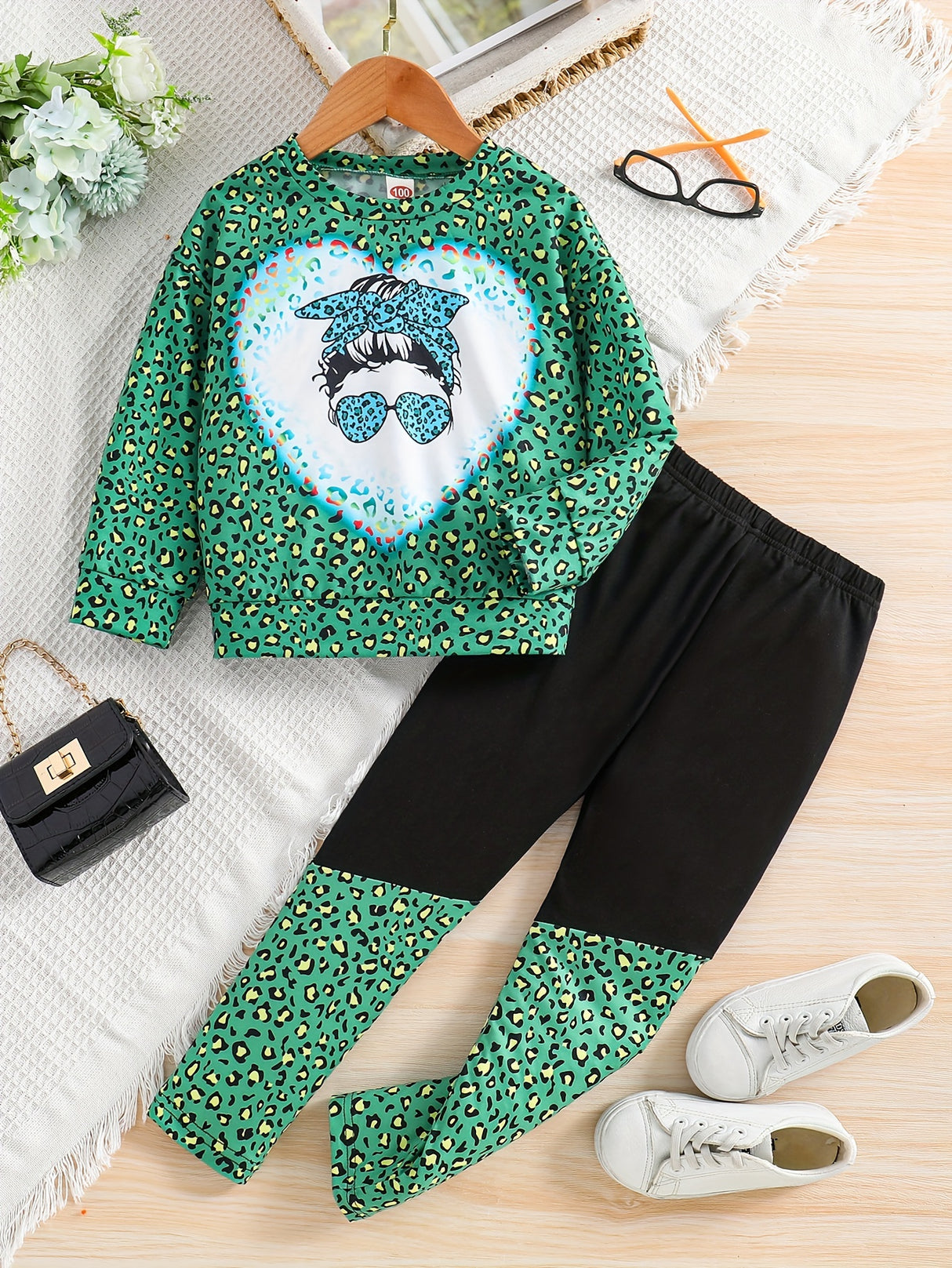 Girl's Camouflage Pattern 2pcs, Long Sleeve Top & Pants Set, Anime Sunglasses Girl Print Casual Outfits, Kids Clothes For Spring Fall
