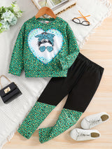 Girl's Camouflage Pattern 2pcs, Long Sleeve Top & Pants Set, Anime Sunglasses Girl Print Casual Outfits, Kids Clothes For Spring Fall