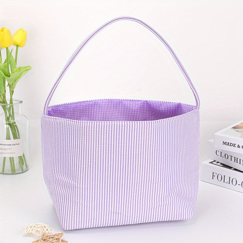 1pc Large Capacity Tote Bag, Easter Gift Bag, Easter Eggs Storage Bucket, Striped Seersucker Bunny Bag, Hunting Easter Eggs Handbag, Easter Party Decorations Gifts Bag, Party Tote Bags, Easter Gift Party Supplies