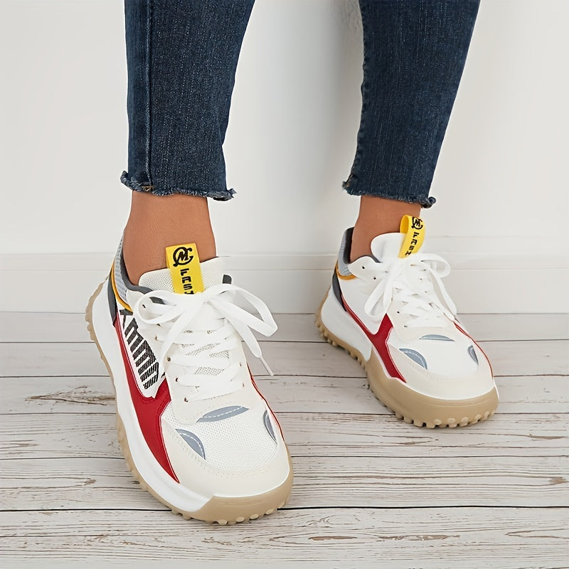 Women Thick Sole Shock Absorption Chunky Sneakers, Wear Resistance Lace Up Sport Shoes, Casual Versatile Breathable Comfortable Running Shoes