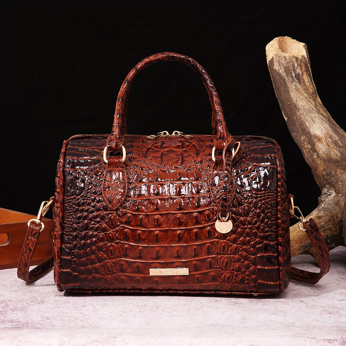 Luxury Crocodile Pattern Handbag, Retro Genuine Purse, Women's Classic Boston Bag & Shoulder Bag
