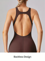 [Removable Padded Bra Workout Jumpsuits] Women Workout Fashion Flare Sleeveless Jumpsuits with Removable Padded Bra Hight Stretch Sportswear for Outdoor Activities (Black Brown Linen Dark blue)