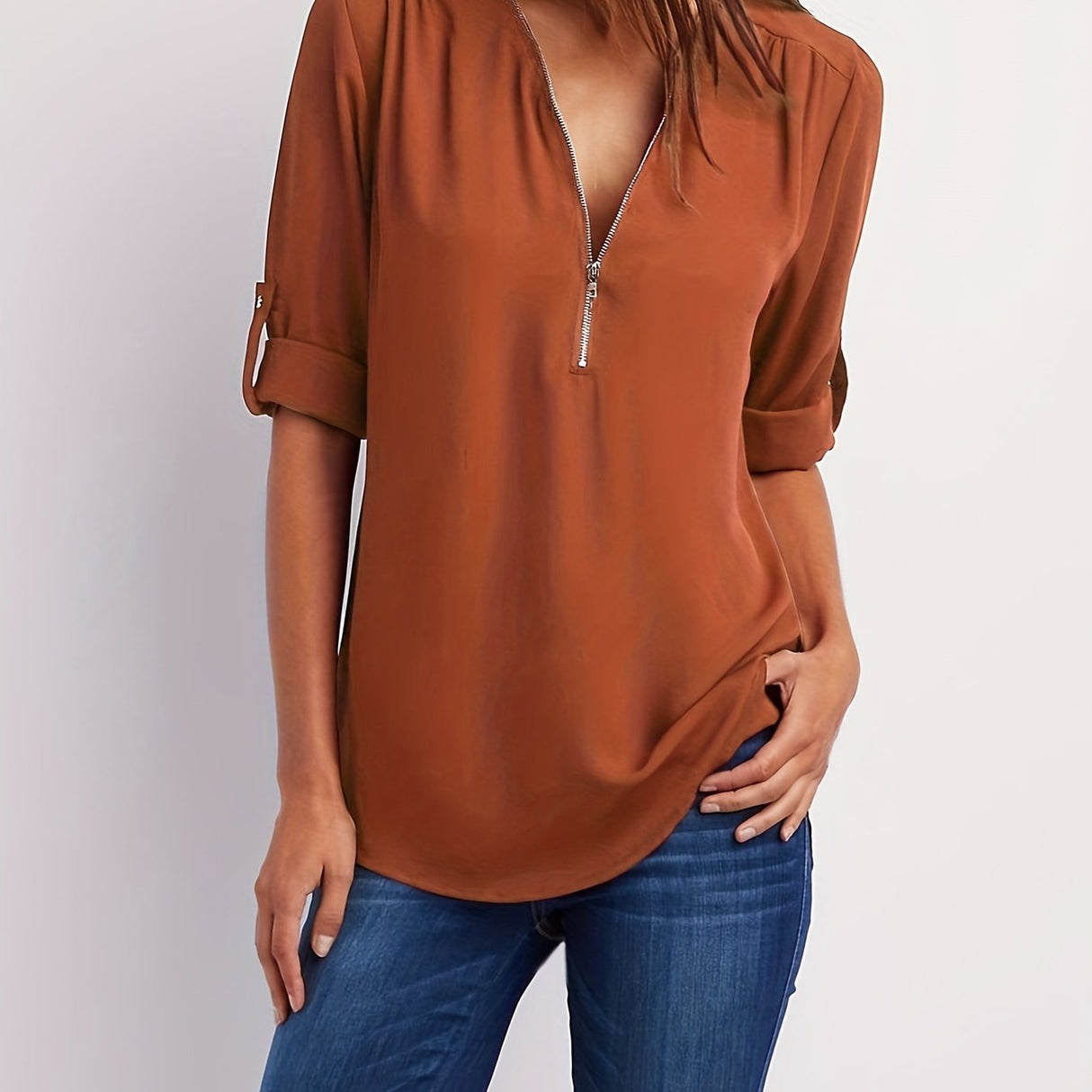 Solid V Neck Blouse, Casual Ruched Rollable Sleeve Half Zip Blouse, Women's Clothing