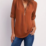 Solid V Neck Blouse, Casual Ruched Rollable Sleeve Half Zip Blouse, Women's Clothing