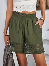 Summer Casual Shorts for Women, Lace Trim Slant Pocket Paper Bag Waist Shorts