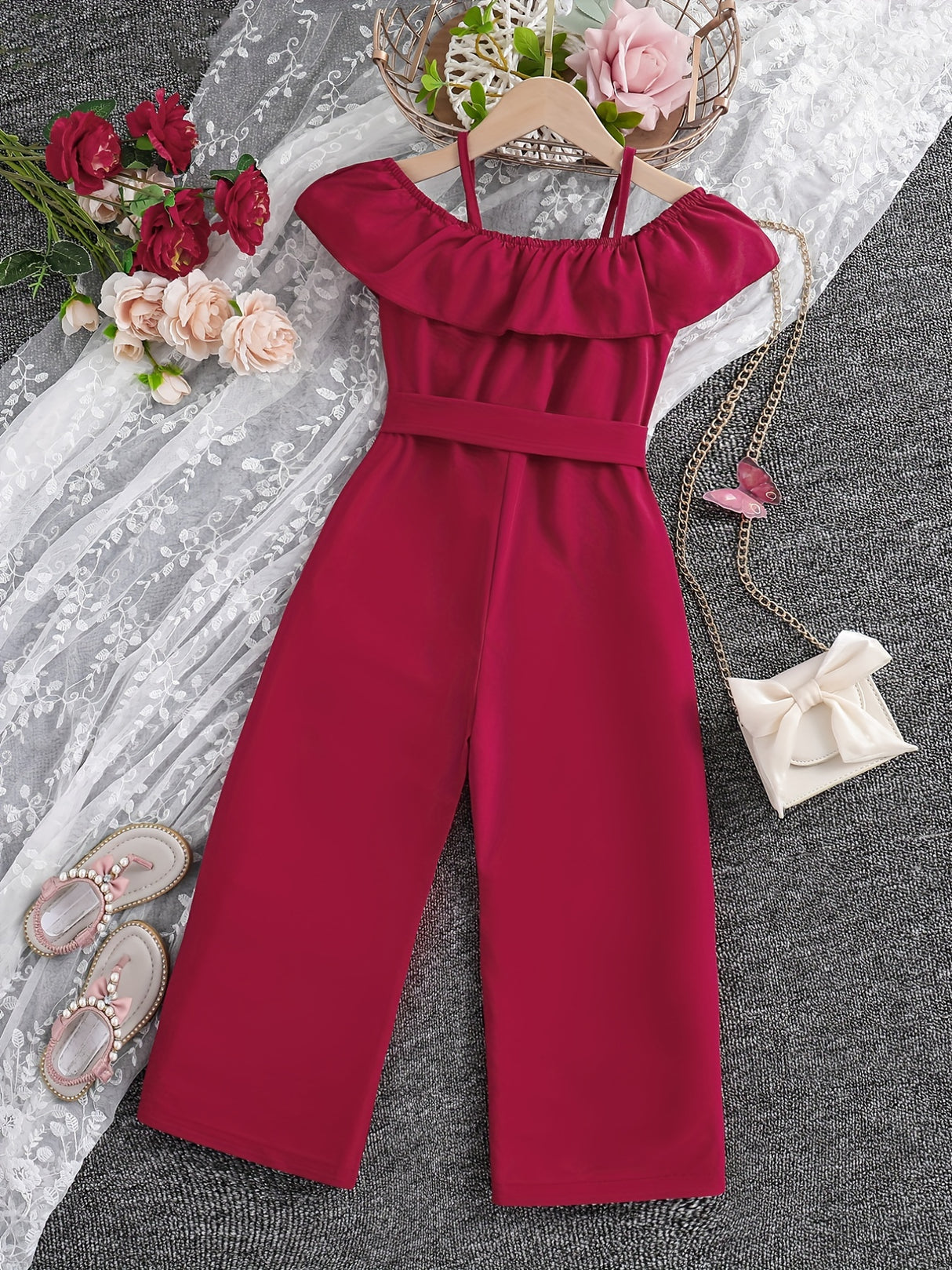 Girls Ruffle Cami Romper Belt Off Shoulder Elegant Summer Spring Autumn Kids Clothes