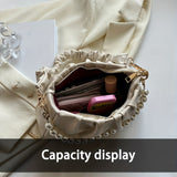 Chic White Ruched Handbag with Pearl Accents, Soft PU Leather, Versatile Underarm and Shoulder Bag for All Occasions