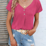 Womens Charming Solid Button Front Blouse - Casual V Neck, Short Sleeve, Perfect for Spring & Summer - Lightweight, Versatile, Ideal Everyday Style - Suitable for Multiple Occasions