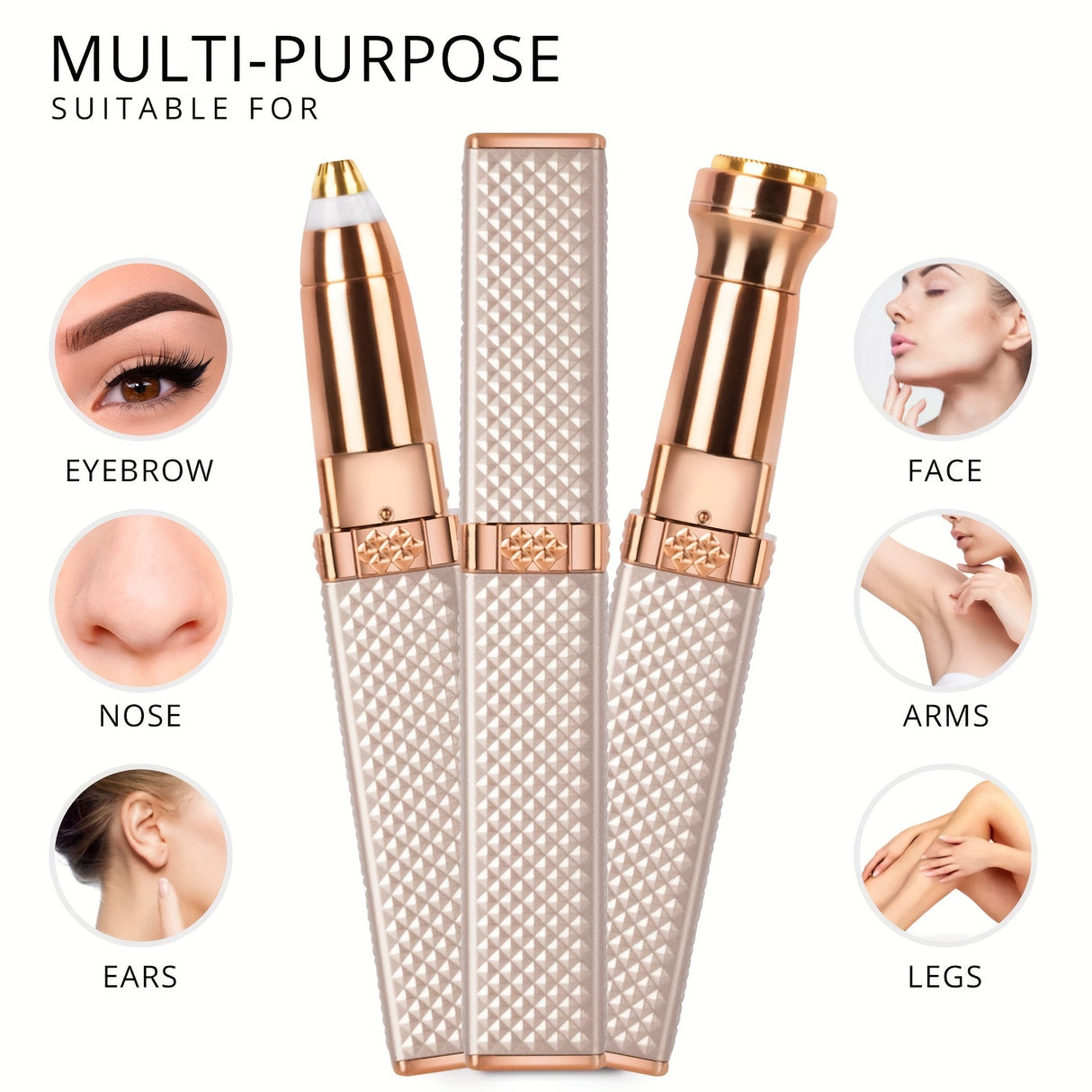 1pc FAMORIAL Women's 2-in-1 Rechargeable Eyebrow Trimmer & Facial Hair Remover with Built-in LED Light, Painless Hair Shaver with Golden-Tipped Head & Handle, Multi-Purpose for Face, Body, Eyebrows, Lips, Chin, Arms, Legs - W