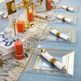 175 PCS Clear Gold Plastic Plates, Gold Plastic Dinnerware Sets Includes: 25 Dinner Plates, 25 Salad Plates, 25 Pre Rolled Napkins with Gold silverware, 25 Cups 9 OZ, Perfect for Wedding and Party (gold/rose gold), Hand washa