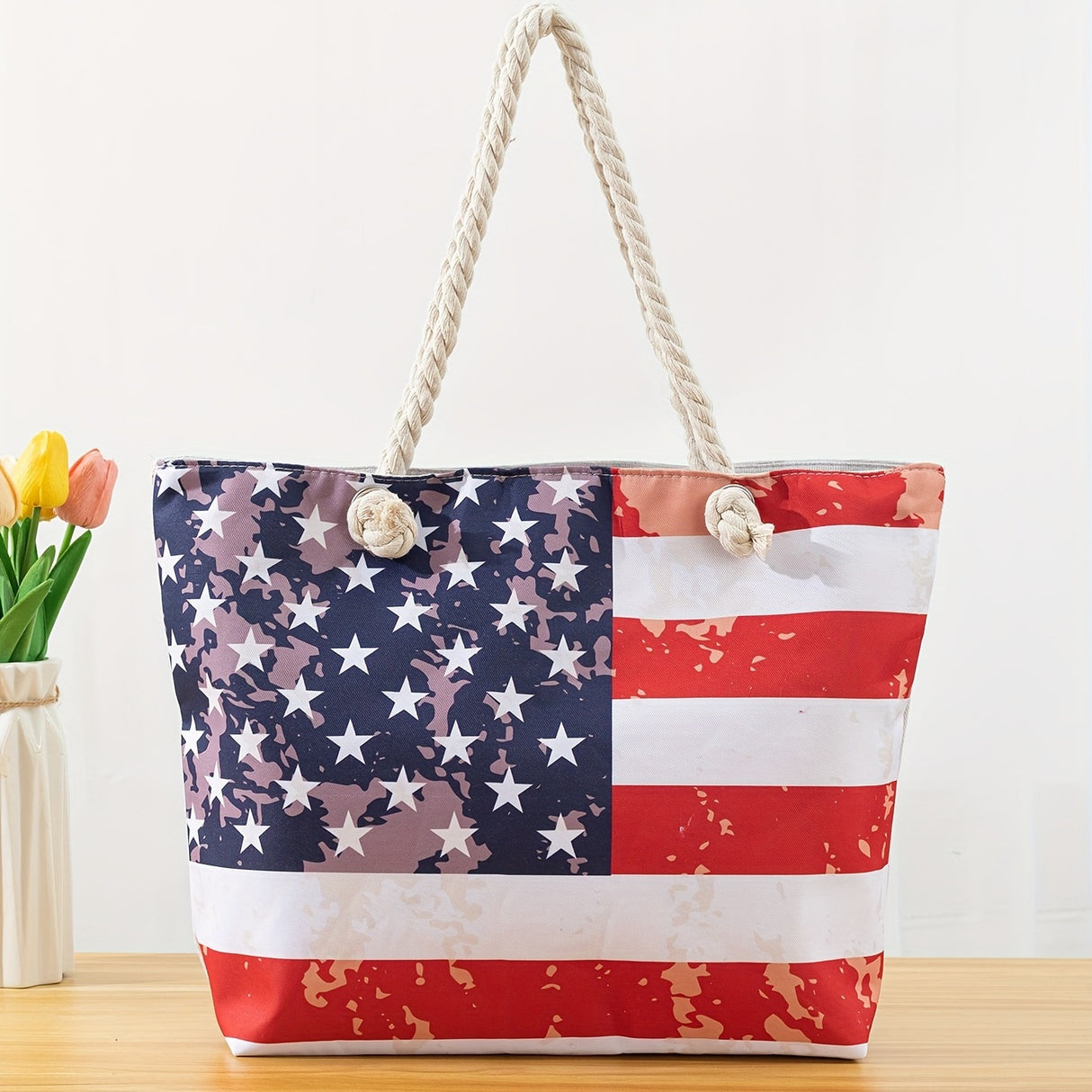 Large Patriotic USA Flag Woven Nylon Tote Bag - Spacious Beach Shoulder Bag with Wristlet for Women - Durable, Water-Resistant, and Stylish Accessory