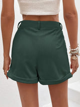Chic Textured High Waist Shorts for Women - Button Front, Slant Pockets, Rolled Hem Design - Casual Everyday Wear