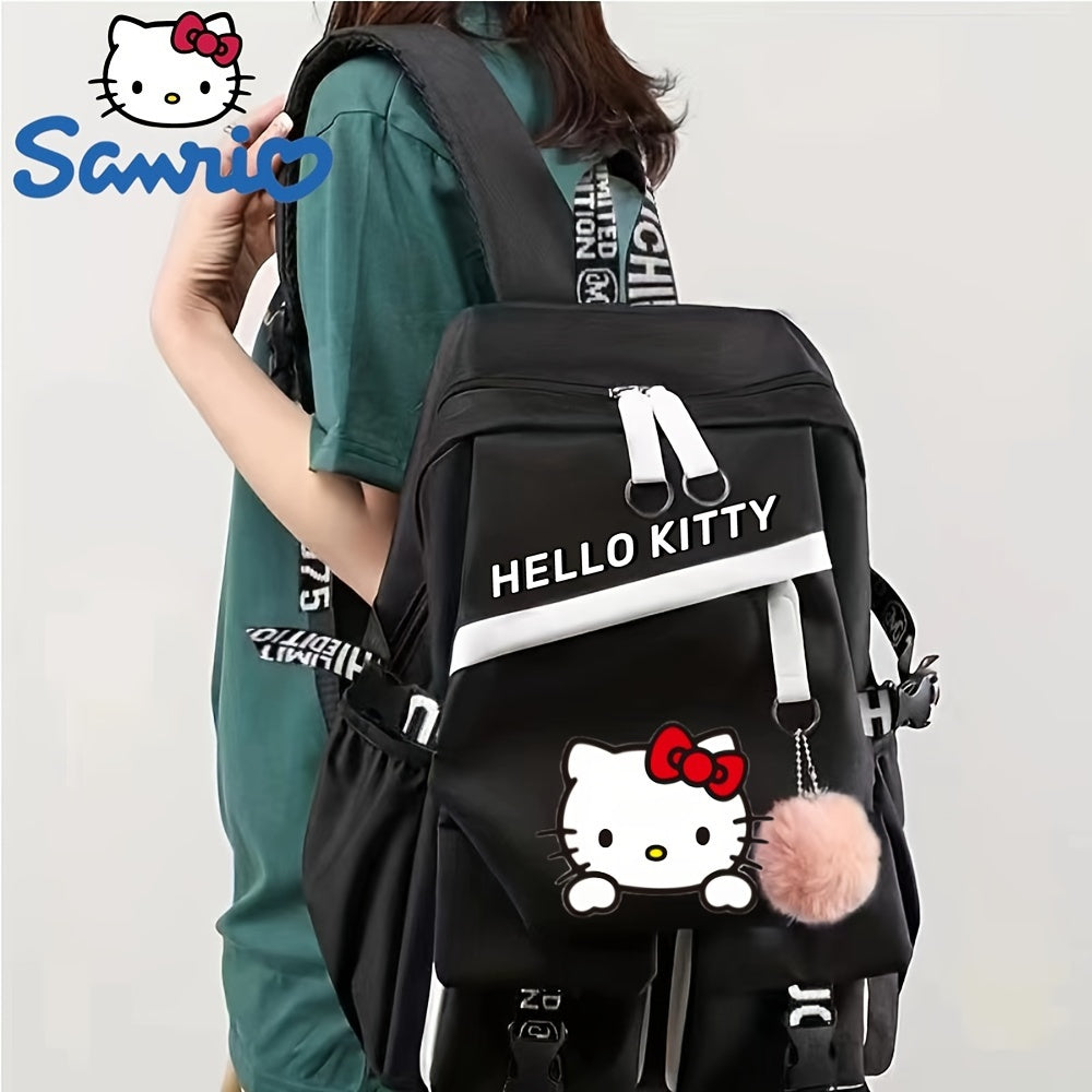 Sanrio Hello Kitty Backpack for Women, Preppy Style Nylon School Bag with Polyester Lining, Large Capacity Zippered Foldable Outdoor Travel Rucksack with Cute Fashionable Design