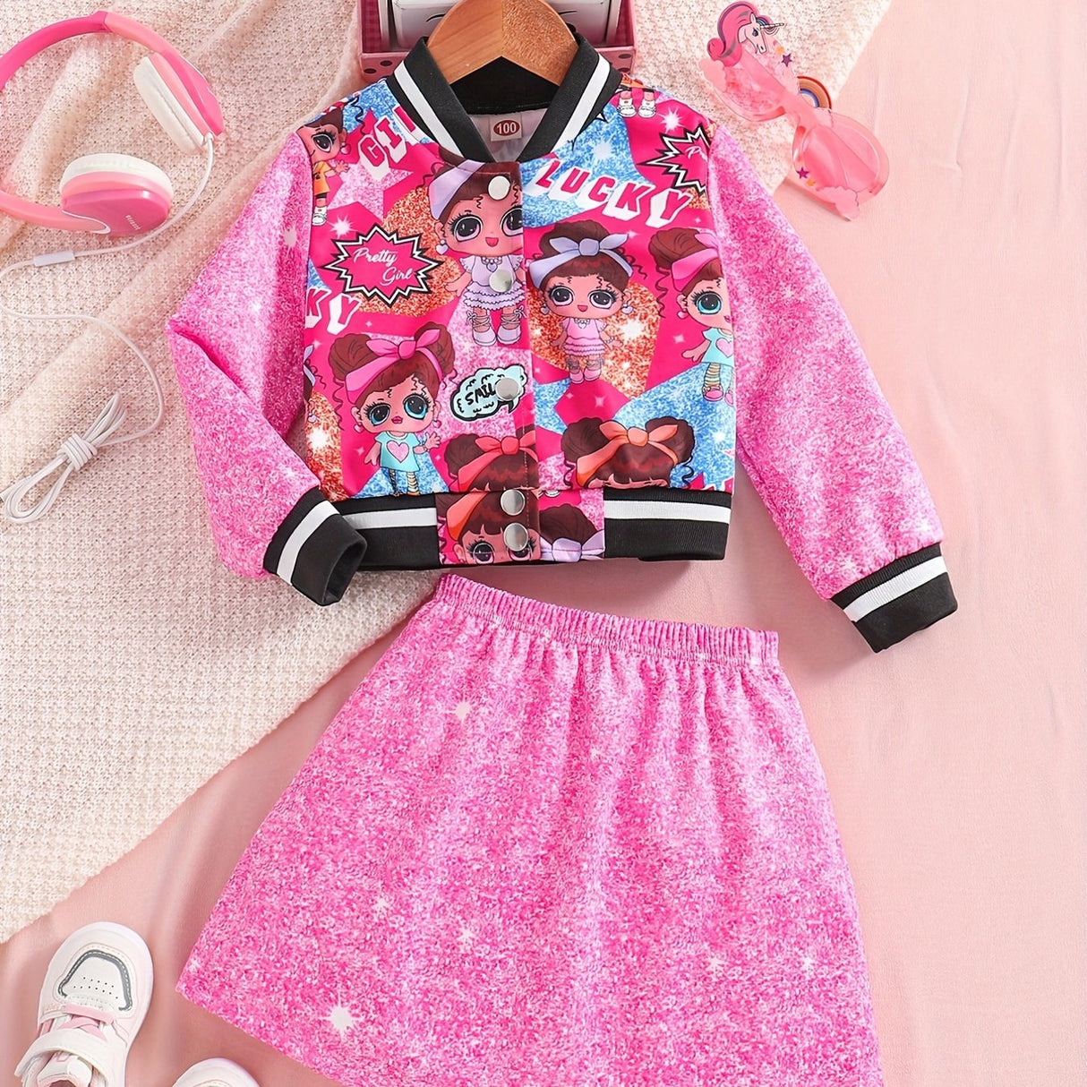 Girls' 2pc Splicing Long Sleeve Varsity Jacket & Skirt, Sequin Effect Outfits Kids Clothes For Spring Fall Party