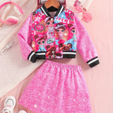Girls' 2pc Splicing Long Sleeve Varsity Jacket & Skirt, Sequin Effect Outfits Kids Clothes For Spring Fall Party