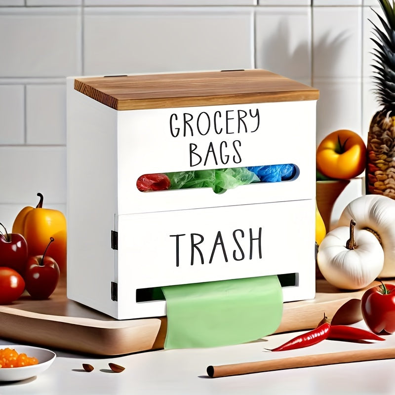 2-in-1 Wooden Wall-Mount Garbage Bag Dispenser & Organizer - Large Capacity, White/Black for Kitchen & Bathroom Essentials
